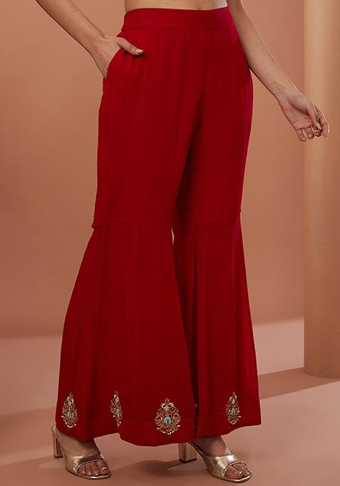 Women’s Red Designer Rayon Kurta Set with Embroidery & Sheer Organza Dupatta
