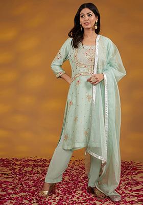 Blue Zardozi Embroidered Organza Silk Kurta Set