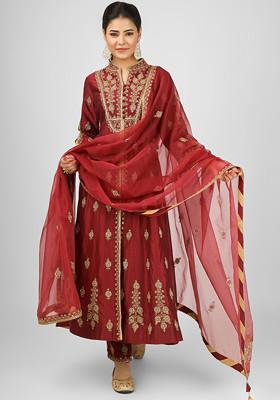 Maroon Dori Embroidered Chanderi Anarkali Set