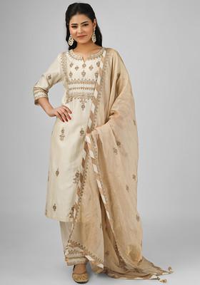 Off White Dori Embroidered Chanderi Straight Kurta Set