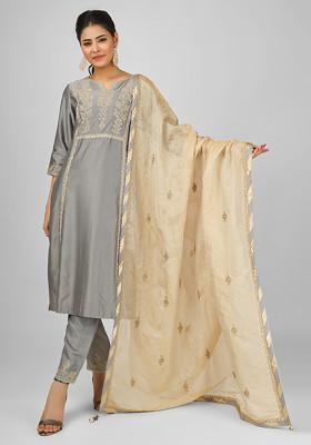 Grey Dori Embroidered Chanderi Straight Kurta Set
