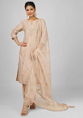 Peach Dori Embroidered Chanderi Straight Kurta Set