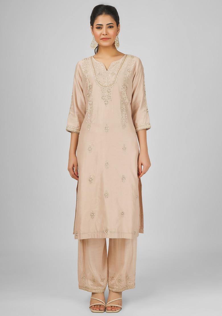 Peach Dori Embroidered Chanderi Straight Kurta Set