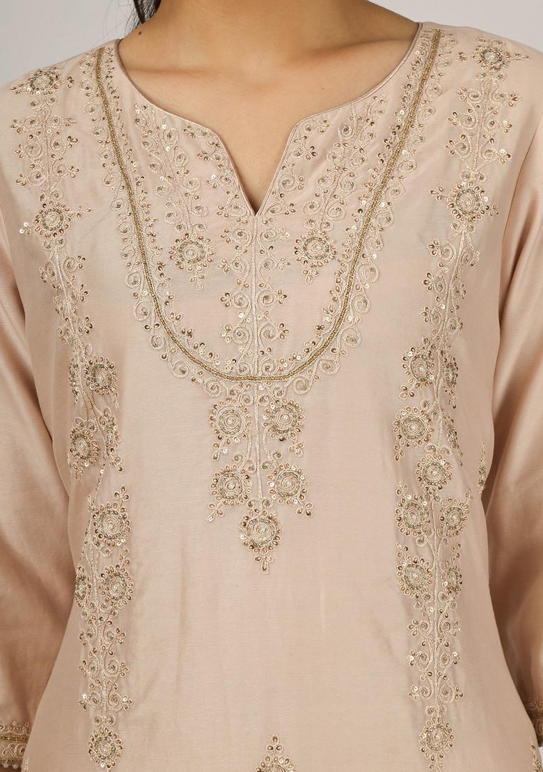 Peach Dori Embroidered Chanderi Straight Kurta Set