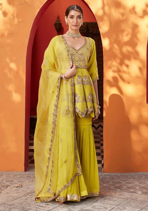 Yellow Mughal Embroidered Raw Silk Sharara Set
