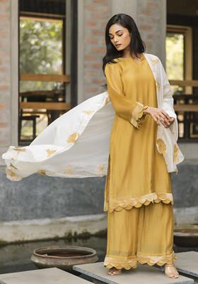 Honey Brown Embroidered Handwoven Malai Chanderi Kurta Set