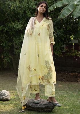Yellow And Ivory Embroidered Handwoven Cotton Silk Kurta Set