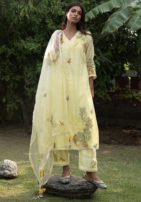 Yellow And Ivory Embroidered Handwoven Cotton Silk Kurta Set