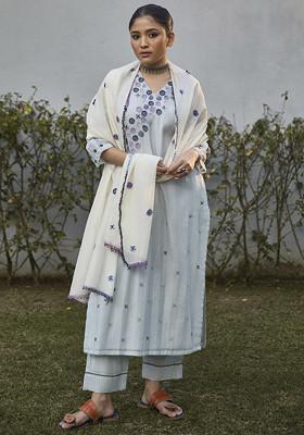 Ivory Applique Embroidered Handwoven Cotton Silk Kurta Set
