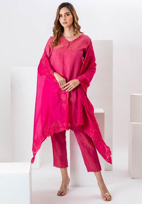 Pink Embroidered Zari Chanderi Suit Set