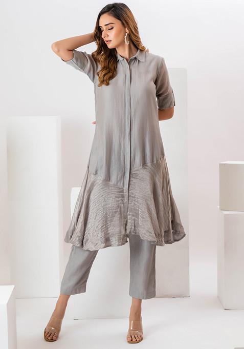 Grey Embroidered Malai Chanderi Suit Set