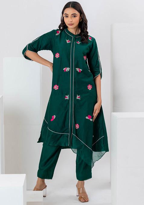 Green Floral Applique Embroidered Cotton Silk Suit Set