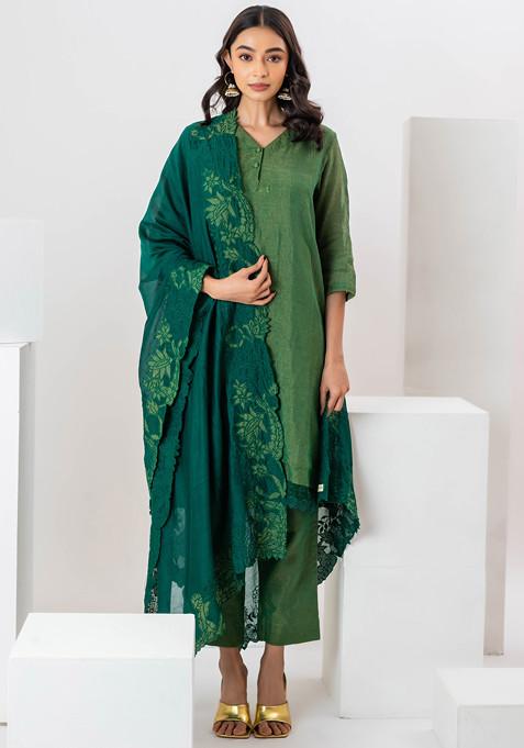 Green Zari Embroidered Chanderi Suit Set