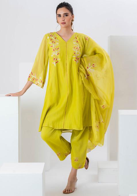 Yellow Embroidered Chanderi Suit Set