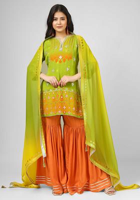 Green Digital Print Hand Embroidered Kurta And Sharara Set