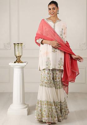 Off White Digital Print Silk Georgette Kurta And Sharara Set