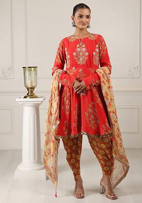 Red Digital Print Silk Georgette Kurta And Dhoti Set