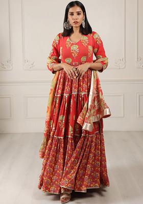 Red Digital Print Silk Georgette Anarkali Set