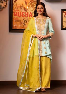 Turquoise And Yellow Gotta Dori Embroidered Kurta Set