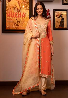 Orange Gotta Dori Embroidered Silk Georgette Kurta Set