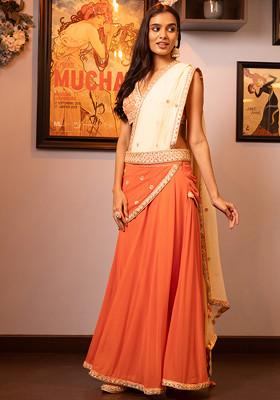 Orange Gotta Dori Embroidered Draped Saree Set