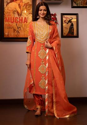 Orange Gotta Dori Embroidered Kurta Set