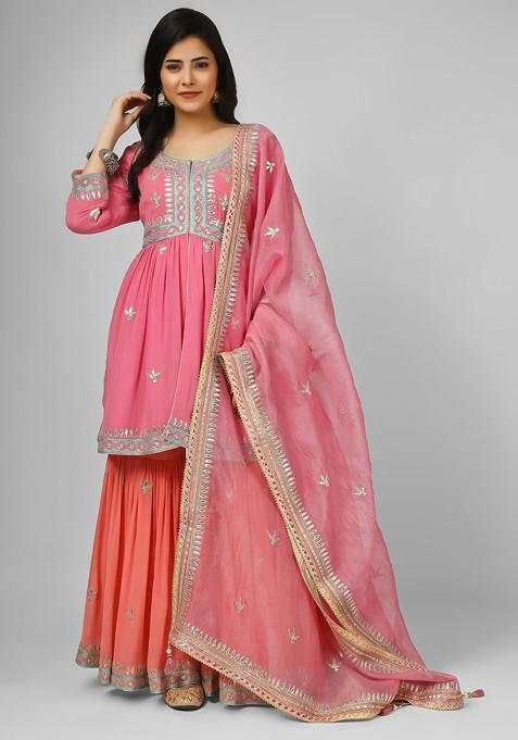 Pink Gotta Dori Embroidered Silk Georgette Kurta And Sharara Set