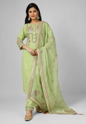 Lime Green Gotta Embroidered Silk Georgette Kurta Set