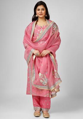 Pink Gotta Embroidered Silk Georgette Kurta Set