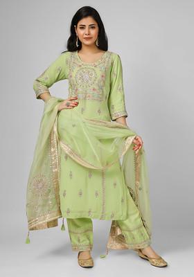 Lime Green Gotta Dori Embroidered Silk Georgette Kurta Set