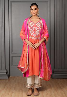 Fushia Pink And Orange Embroidered Silk Georgette Kurta Set