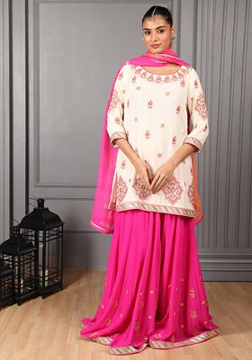 Off White Embroidered Silk Georgette Kurta And Sharara Set