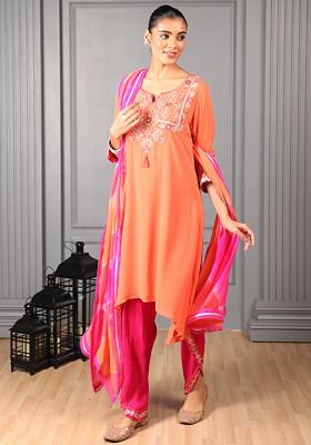 Orange Embroidered Silk Georgette High Low Kurta Set