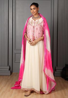 Off White Embroidered Kurta Set With Embroidered Jacket