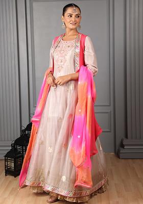 Grey Embroidered Silk Organza Kurta Set With Half Shrug