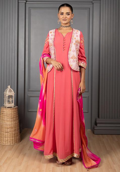 Peach Red Embroidered Kurta Set With Embroidered Jacket