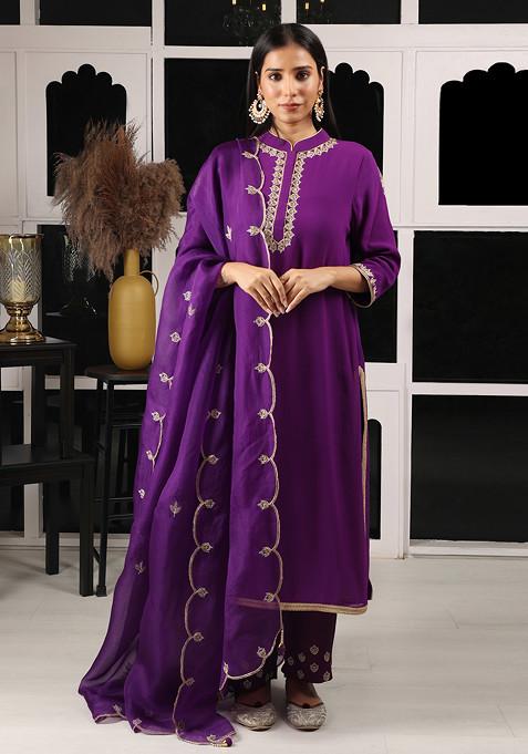Purple Zari And Zardozi Embroidered Silk Chanderi Kurta Set