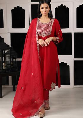 Red Zari And Zardozi Embroidered Kurta Set