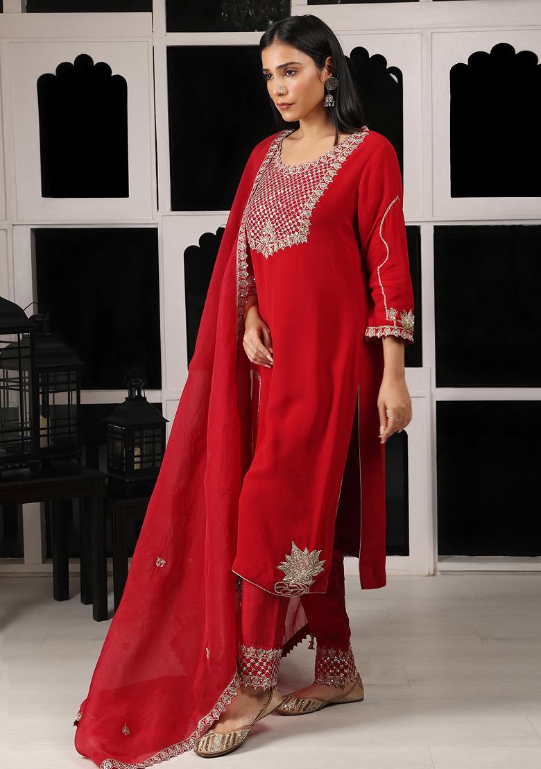 Red Zari And Zardozi Embroidered Kurta Set