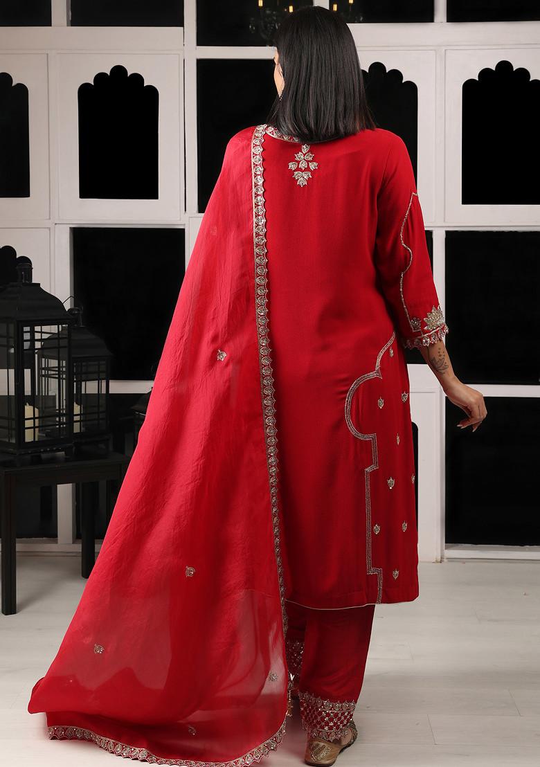 Red Zari And Zardozi Embroidered Kurta Set