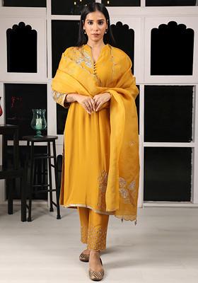 Mustard Yellow Zari And Zardozi Embroidered Kurta Set