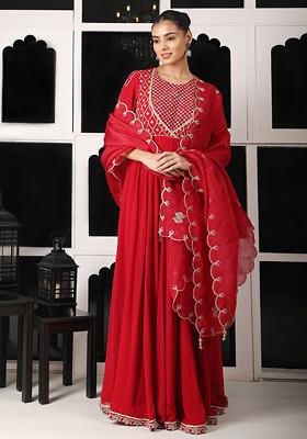 Red Zari And Zardozi Embroidered Silk Georgette Anarkali Set