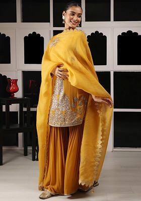 Mustard Yellow Zari And Zardozi Embroidered Kurta And Sharara Set