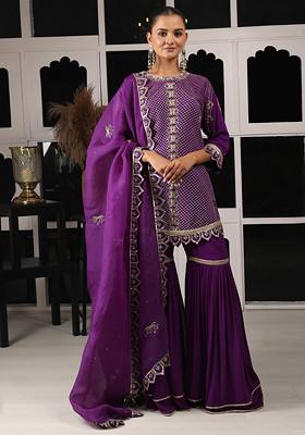Purple Zari And Zardozi Embroidered Kurta And Sharara Set