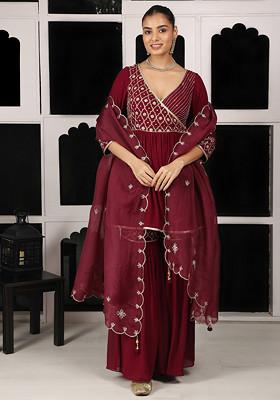 Maroon Zari And Zardozi Embroidered Kurta And Sharara Set