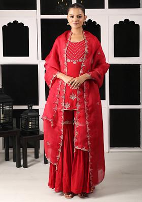 Red Zari And Zardozi Embroidered Kurta And Sharara Set