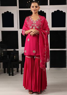 Pink Zari And Zardozi Embroidered Kurta And Sharara Set