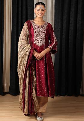 Maroon Embroidered Silk Chanderi And Tissue Silk Kurta Set