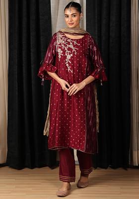 Maroon Embroidered Silk Chanderi Kurta Set