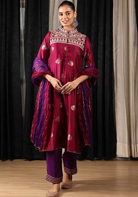 Maroon Embroidered Silk Varanasi And Organza Kurta Set